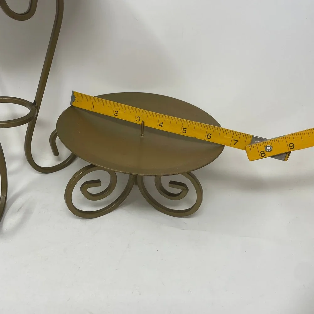 Vintage Gold Wrought Iron Pillar Candle Holder Set Scroll Tripod Base 2 Piece